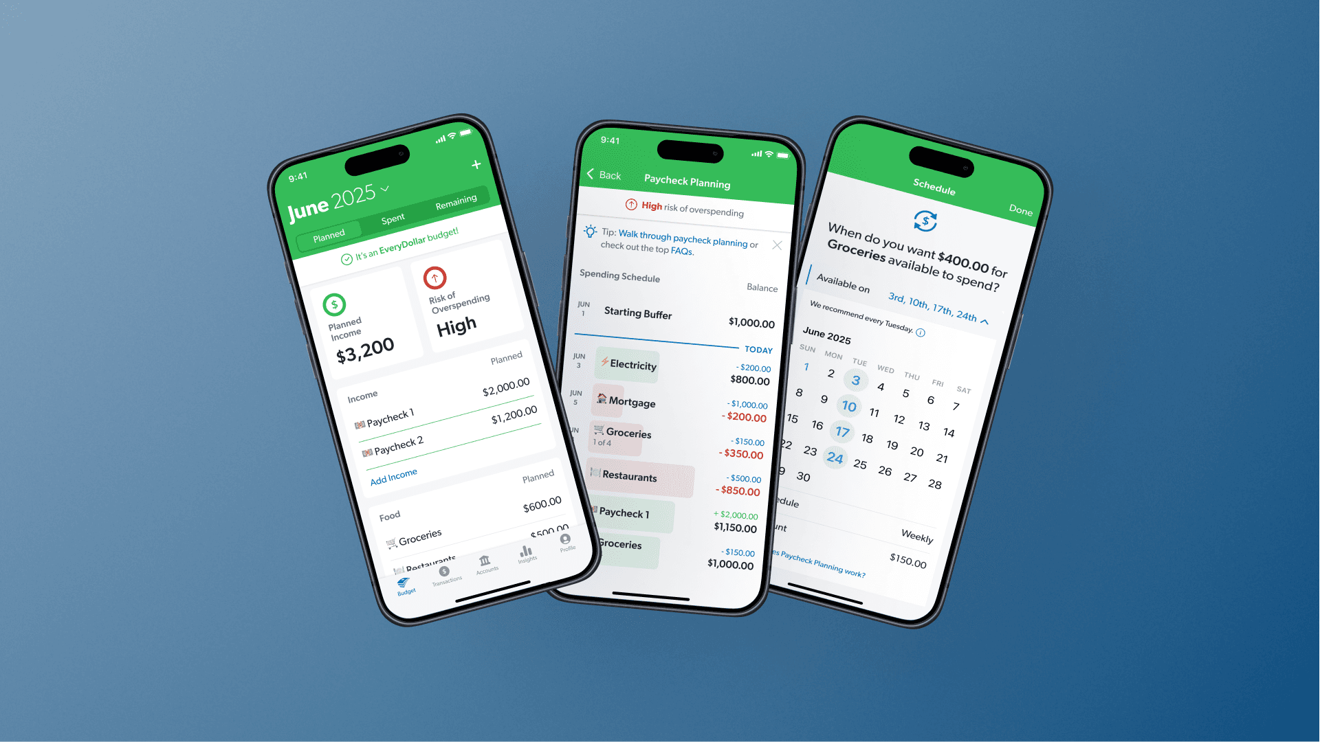 The budget, overview, and schedule screens of paycheck planning in mobile.