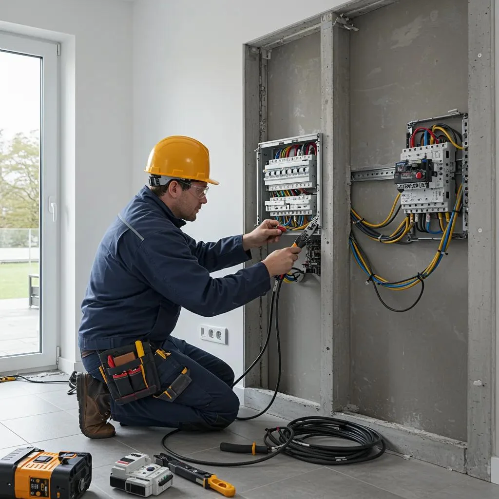 Commercial electrician in safety gear servicing large industrial circuit breaker panel