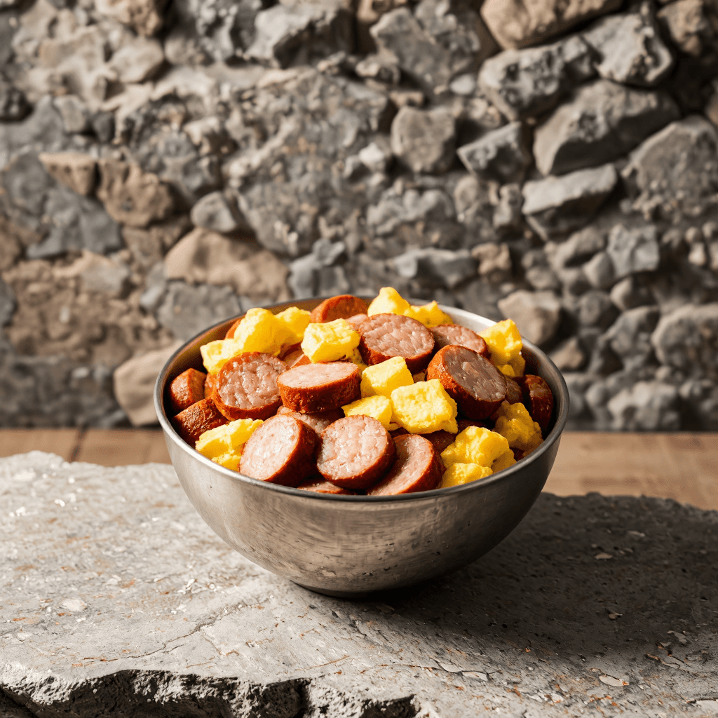 product photography of bowl of mixed cooked sausage and scrambled eggs