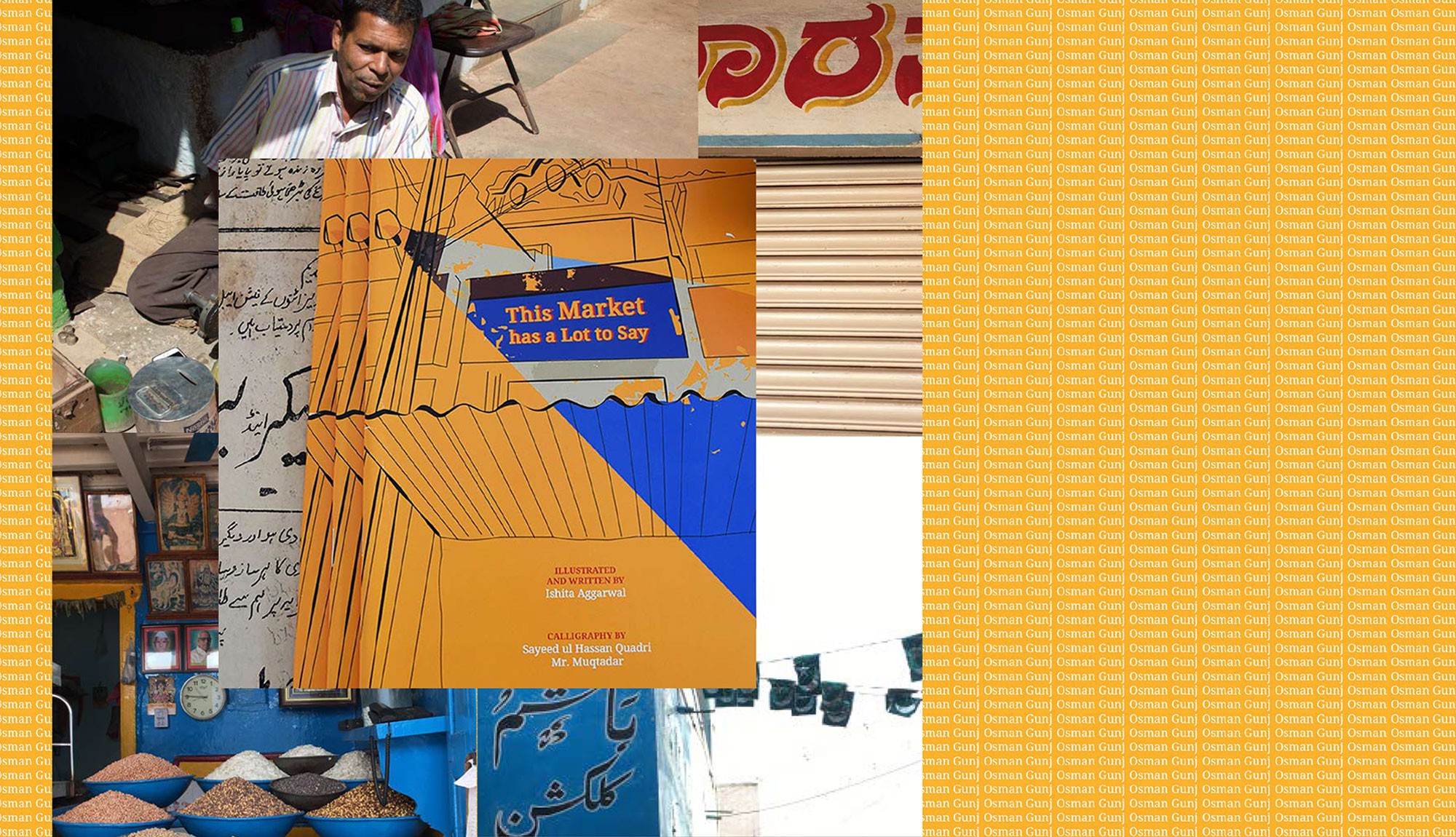A poster made from different photos of peoples, rooms and blue orange sketches.