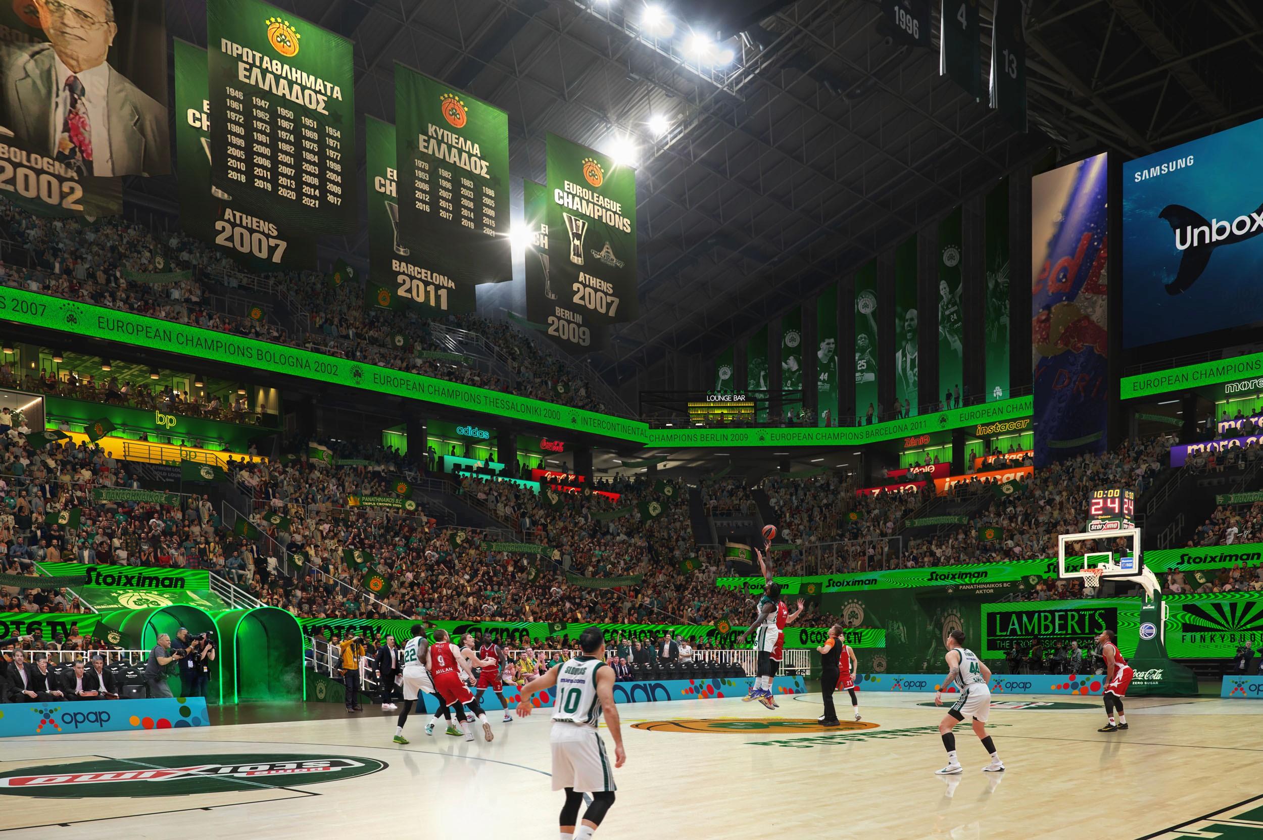 Architectural CGI render of a basketball arena with photorealistic detail.