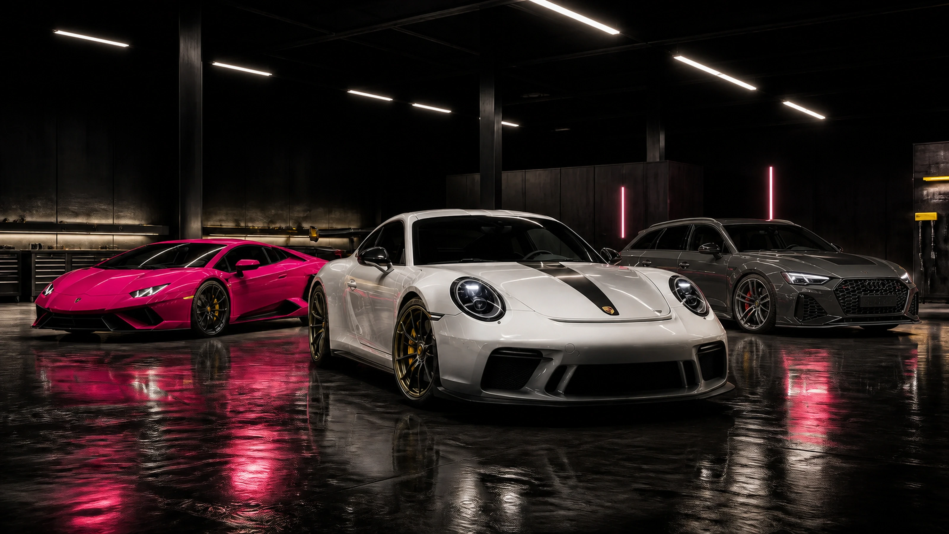 Premium European performance cars in a cinematic dark studio