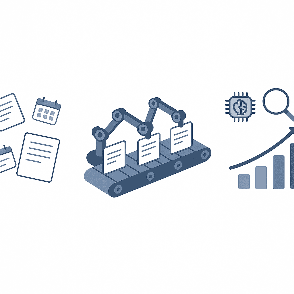 Isometric flow showing manual content creation evolving into automated generation that boosts AI-driven visibility