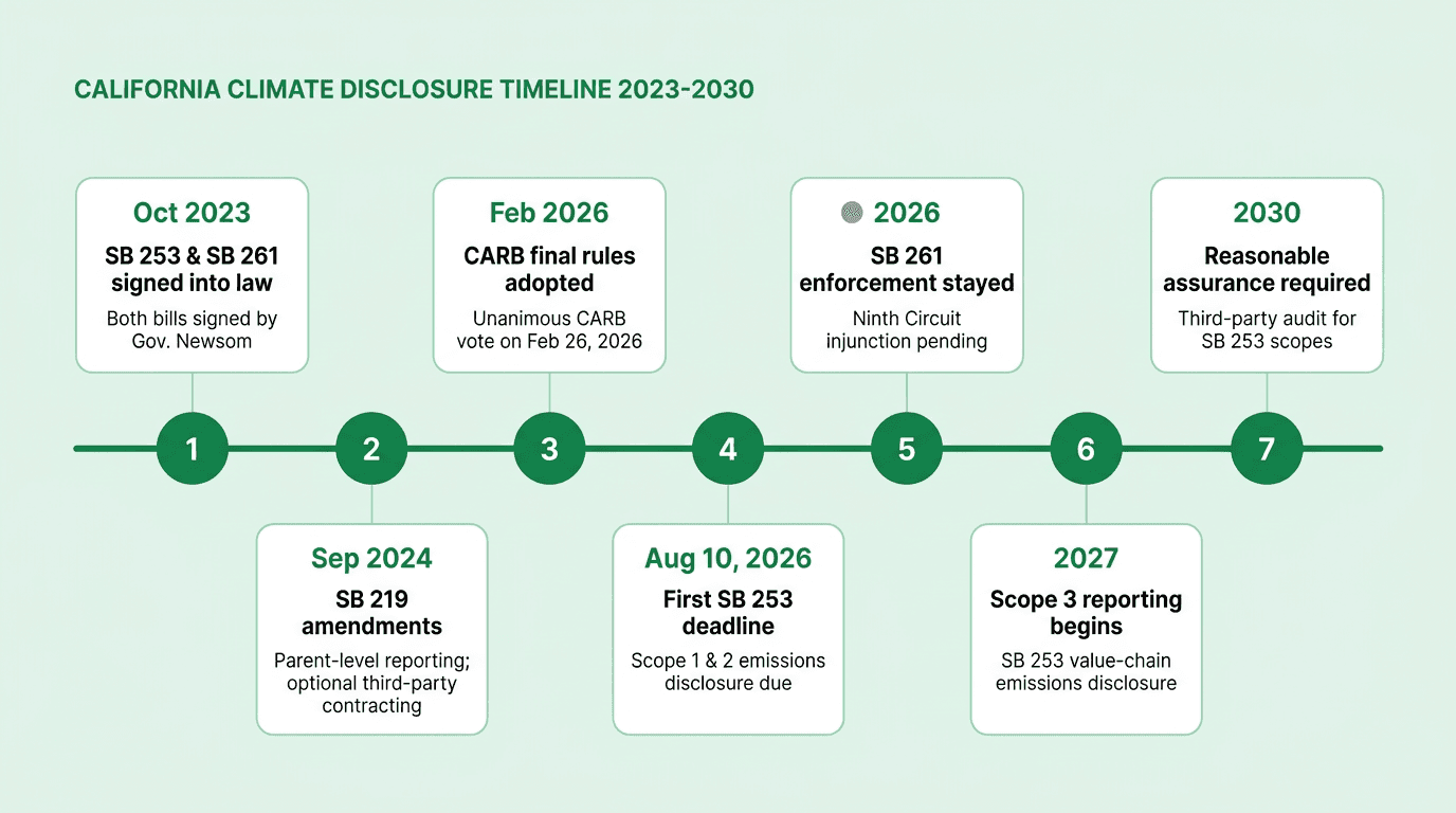 Timeline of California climate disclosure milestones from the October 2023 SB 253 and SB 261 signing through the 2030 reasonable assurance requirement, including SB 219 amendments, CARB final rules, the August 10 2026 deadline, and the SB 261 injunction