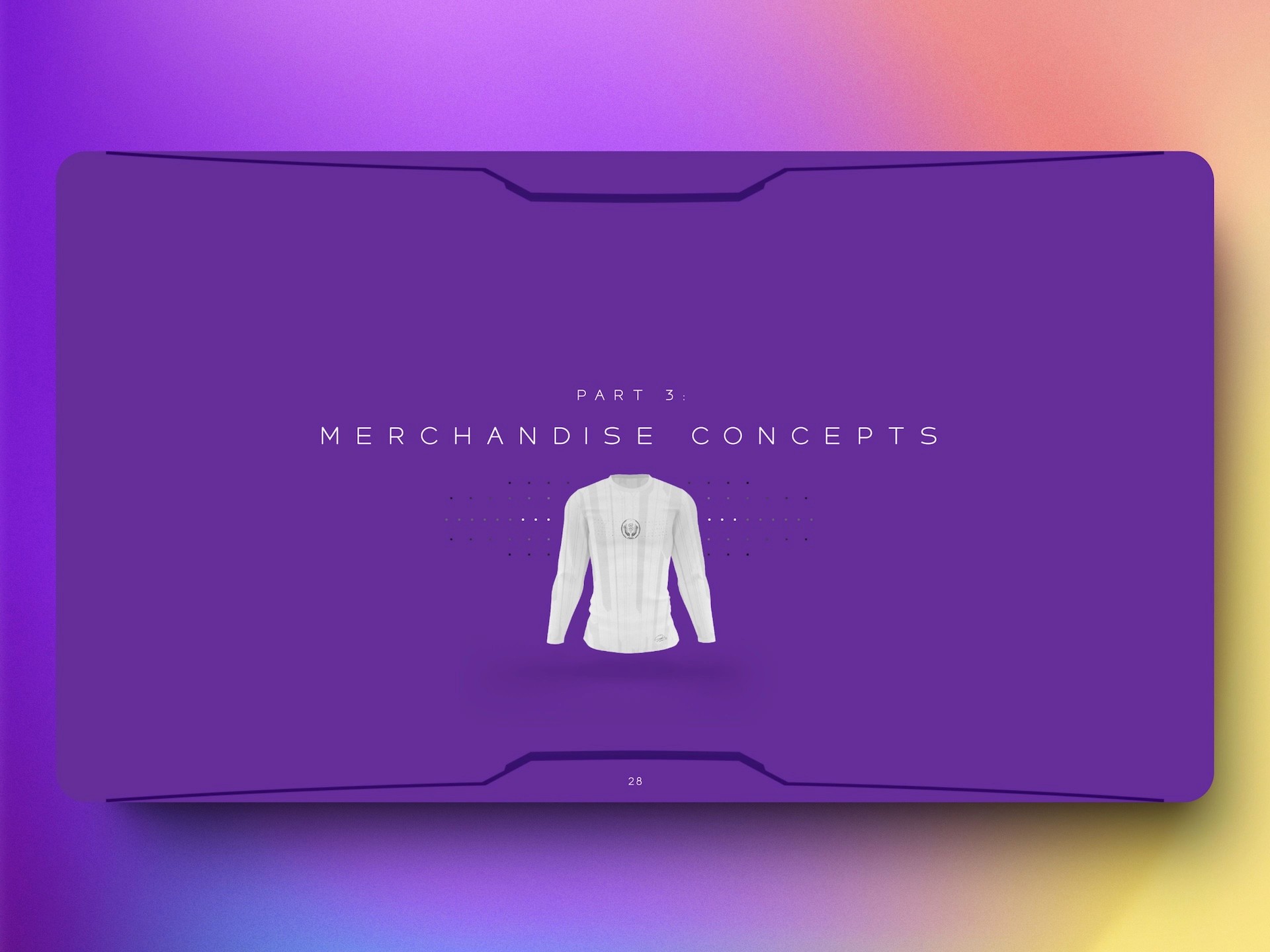 SGD.26 Part 3 Merchandise Concepts title page featuring white long-sleeve compression shirt with S25 crest on purple background
