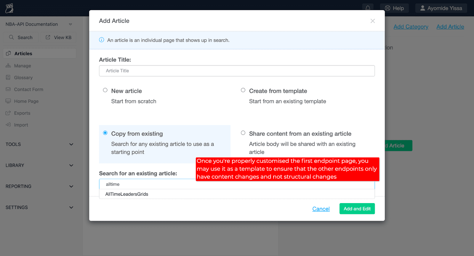 A screenshot showing the "Copy from existing" option in KnowledgeOwl's "Add Article" pop-up window.