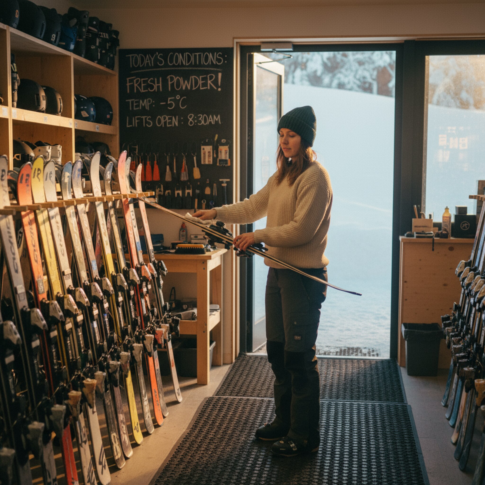 Früher Morgen im Skiverleih: Reihen frisch gewachster Ski stehen sauber ausgerichtet, feiner Pulverschnee glitzert vor der Tür. Eine Mitarbeiterin wischt letzte Wachsreste ab und sortiert nach Länge. Warmes Licht fällt auf Holzregale. Die Ruhe vor dem Ansturm wirkt konzentriert und professionell.