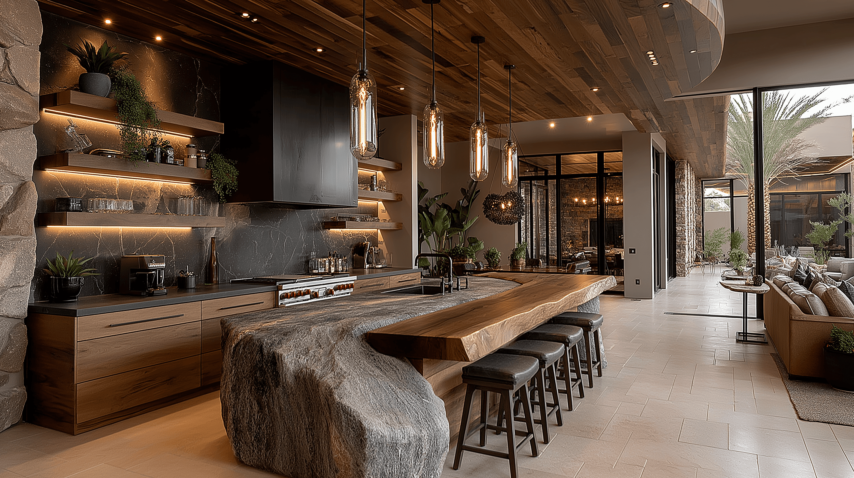 Striking modern rustic kitchen featuring a massive custom island made from a raw stone boulder topped with live-edge wood, black cabinetry, and a wood-paneled ceiling.