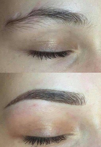 Semi-permanent eyebrows with soft powder effect – before and after.