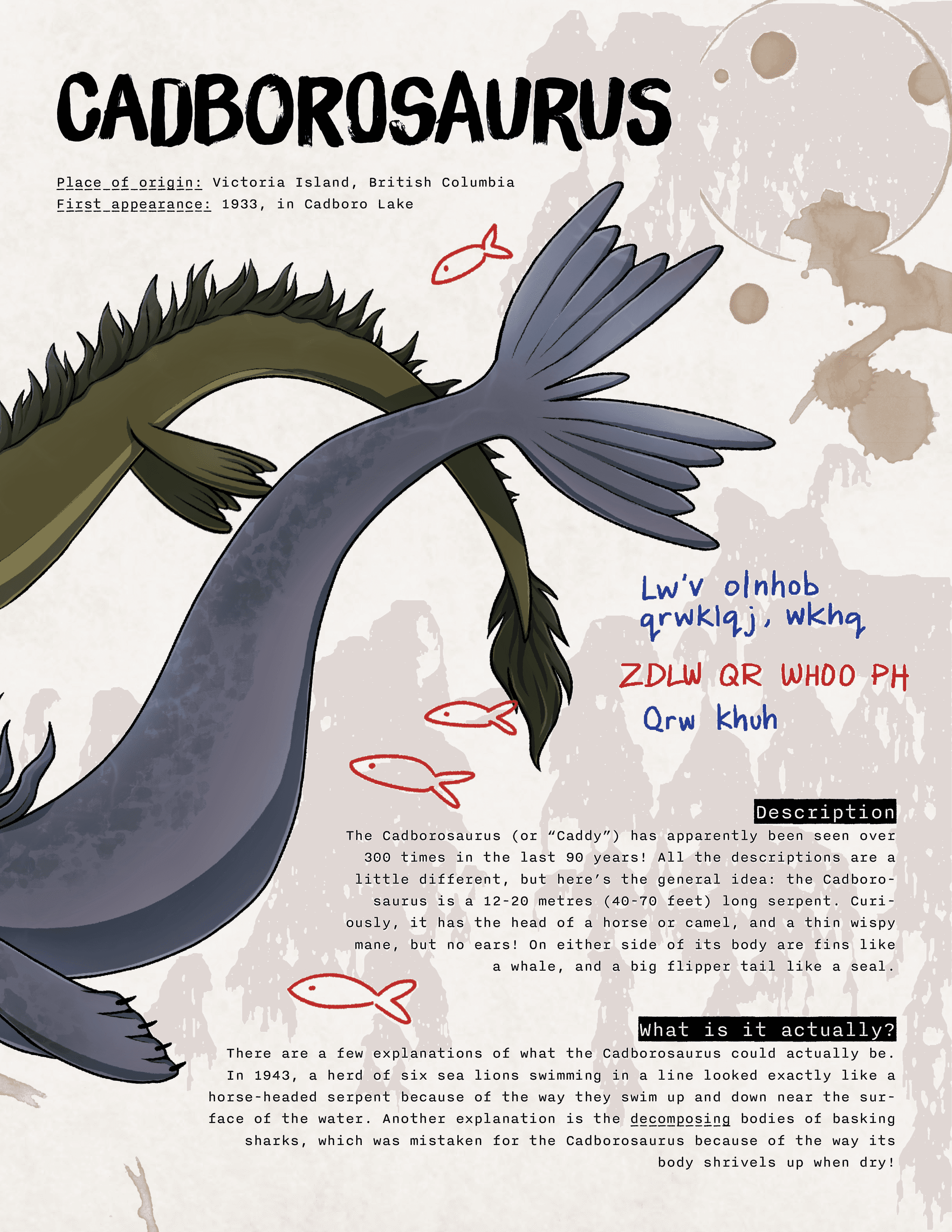 Two page info spread of the activity book, featuring the Ogopogo and the cadborosaurus