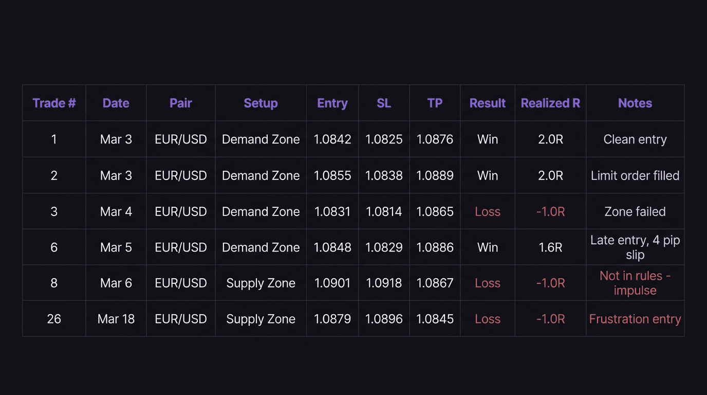 Spreadsheet tracking 30 forward test trades with columns for date, pair, setup, entry, result, and realized R