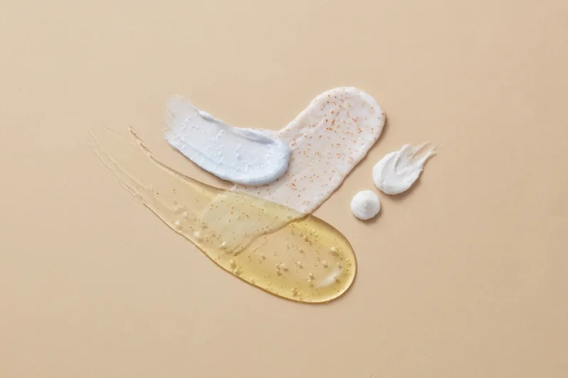 Skincare serum and cream texture swatches