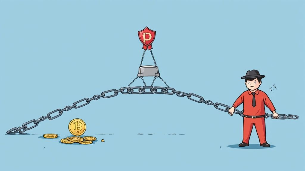 A stylized graphic showing a network node being 'slashed' or penalized