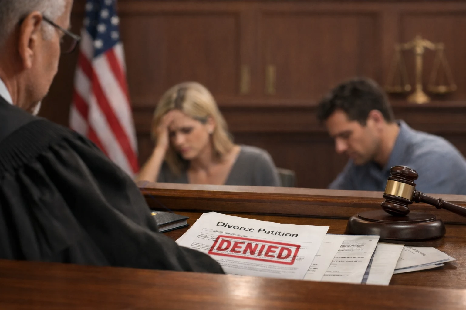 Courtroom scene illustrating “Can a Judge Deny an Uncontested Divorce?” with a denied divorce petition, judge’s gavel, and a distressed couple blurred in the background.