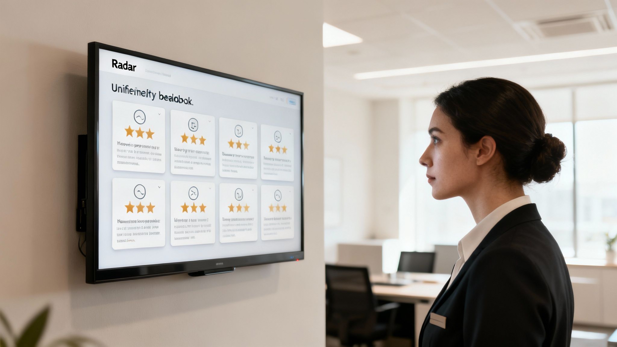 A businesswoman in an office observes a wall-mounted TV displaying a feedback and rating interface.