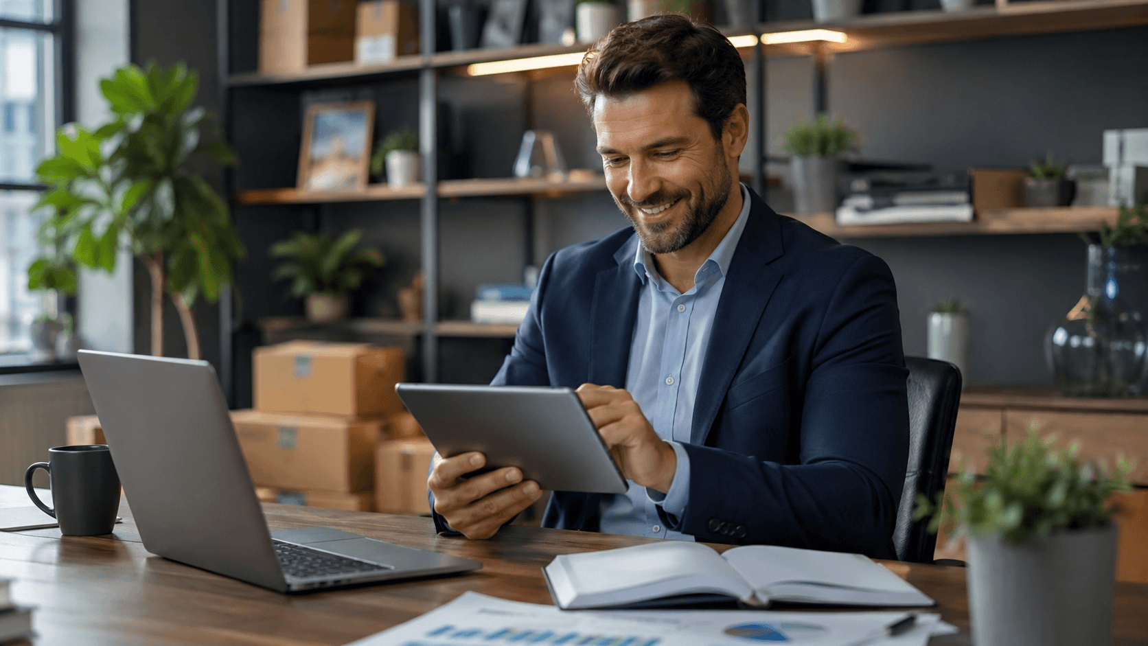Representante comercial em um escritório moderno utilizando um tablet enquanto acompanha indicadores e informações de clientes. Sobre a mesa há notebook, relatórios e materiais de trabalho. A cena transmite o uso de ferramentas digitais para automatizar pedidos e liberar tempo para gestão de carteira, relacionamento com clientes e atividades comerciais de maior valor. Ambiente corporativo realista, organizado e bem iluminado.