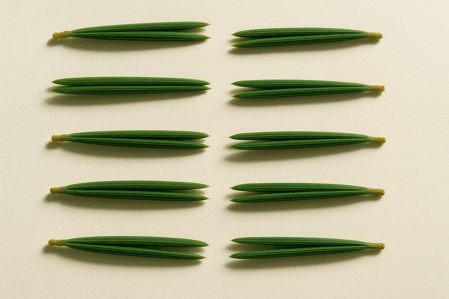 Close-up of mountain pine needles arranged in minimalist symmetry: an ode to mysa’s ingredients