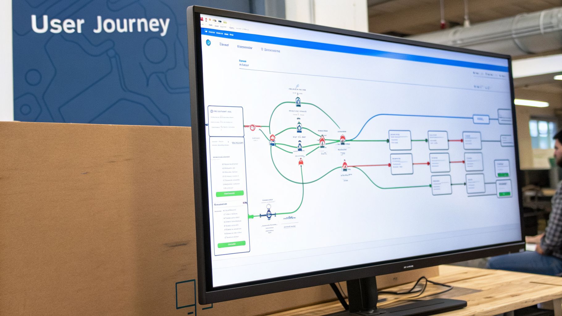 A computer monitor displays a detailed user journey map with interconnected nodes and lines, showcasing data visualization.