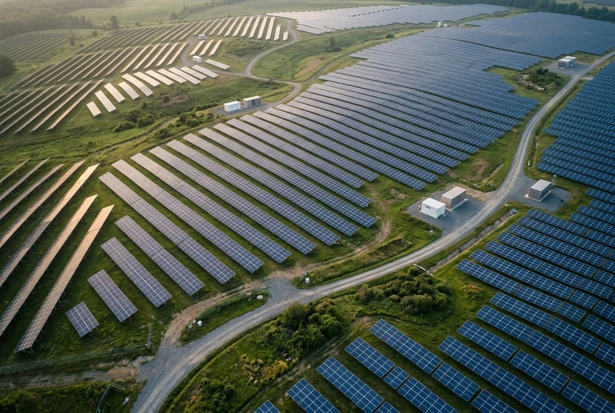 Aerial view of a large solar farm across green fields
