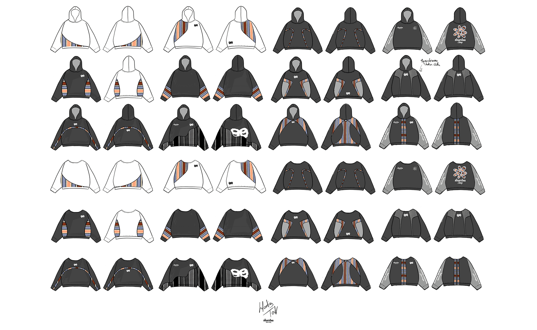 Technical design sheet showing color and pattern variations for the Shaardaa streetwear collection hoodie.