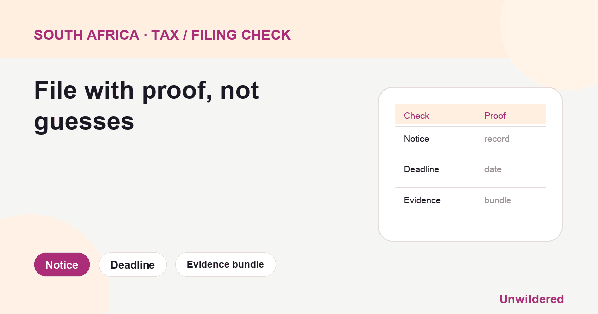 Process diagram for South Africa SARS Tax Fraud Criminal: Notice, Deadline, Evidence bundle.
