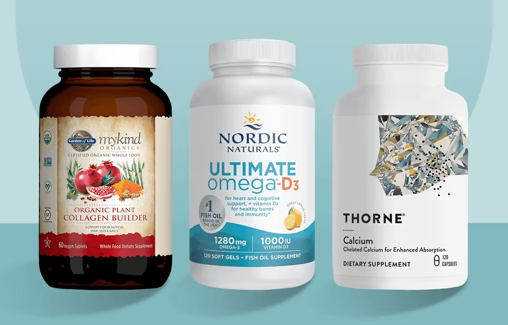 Three supplement bottles: Garden of Life, Nordic Naturals, and Thorne