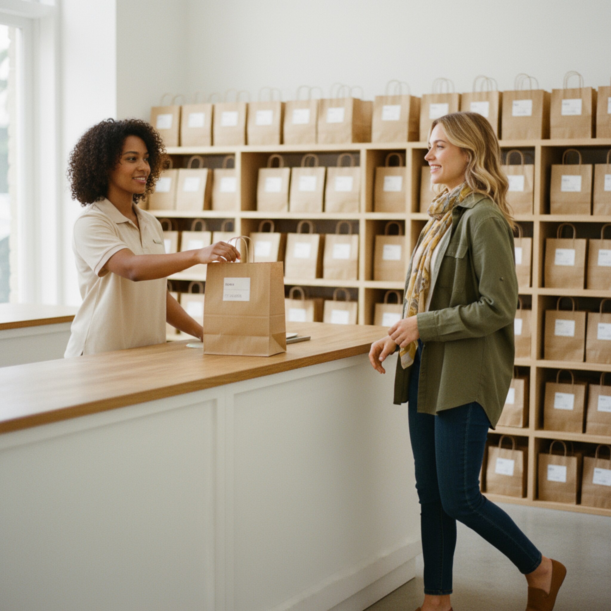 In einem hellen Abholbereich greift ein Mitarbeiter nach einer braunen Papiertüte mit sauber beschriftetem Etikett. Hinter ihm stehen geordnete Regale mit weiteren Bestellungen. Eine Kundin tritt lächelnd näher, ihre Jacke noch halb geöffnet. Die Atmosphäre ist freundlich, zügig und klar strukturiert.