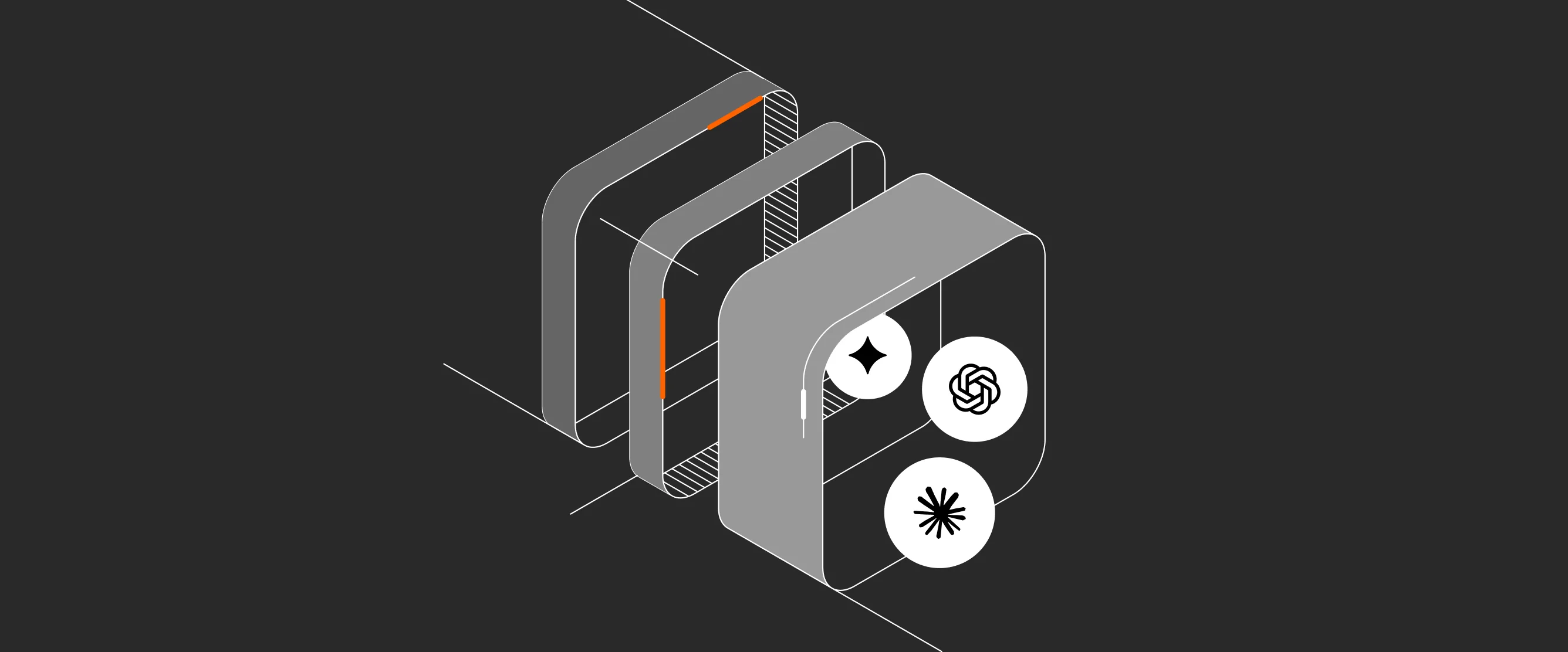 Illustration of three stacked layers, the front one holding the Gemini, OpenAI and Claude logos