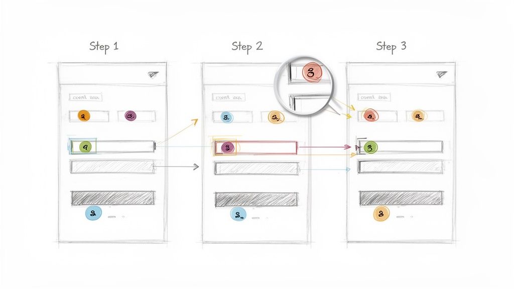 Sketch of a three-step mobile app workflow demonstrating data movement between interactive elements.