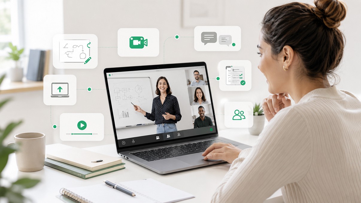 Virtual classroom platform showing key features like live video, chat, whiteboard, file sharing, and class management.