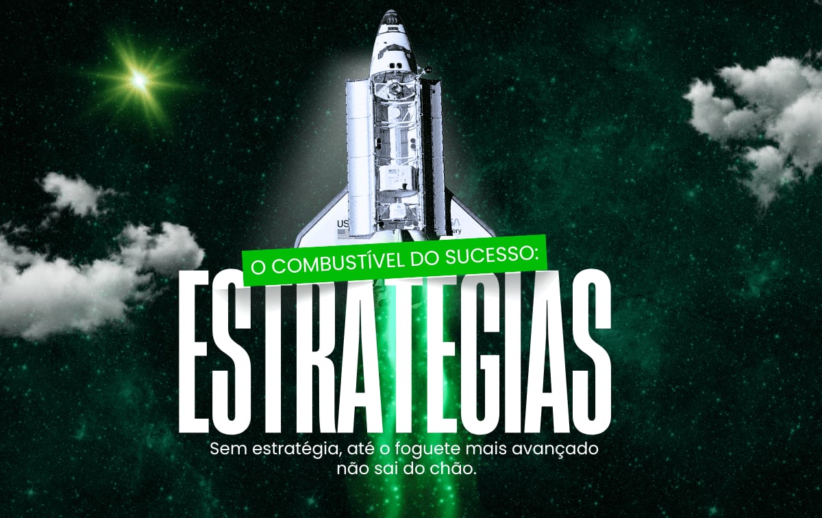 Ilustração de um foguete decolando, com o texto Estratégias