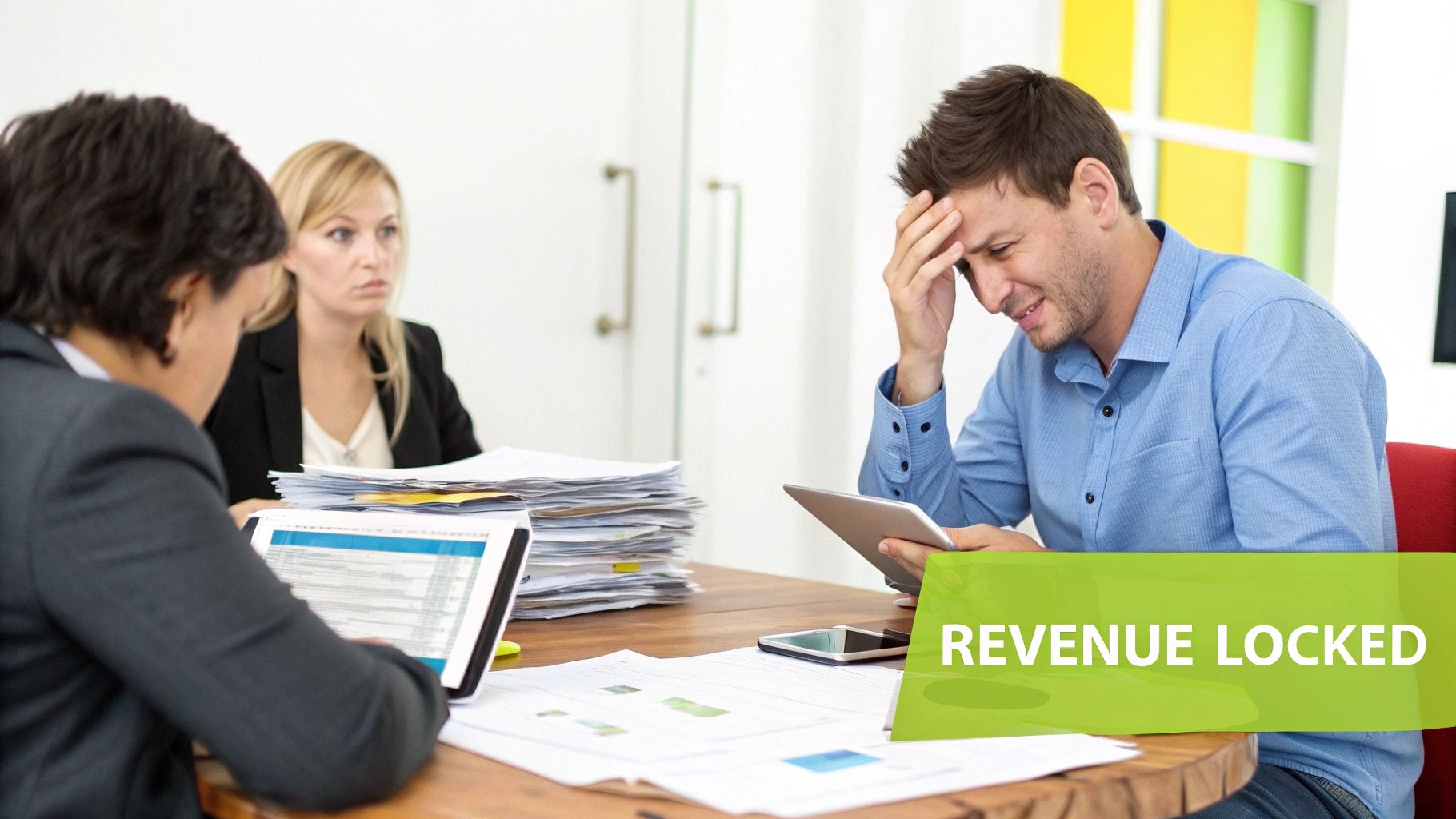 Business team in a meeting, one man stressed over finances, indicated by 'REVENUE LOCKED' overlay.