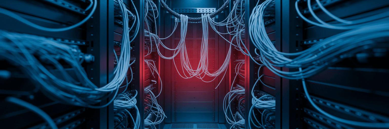 Tangled server cables with one glowing red.