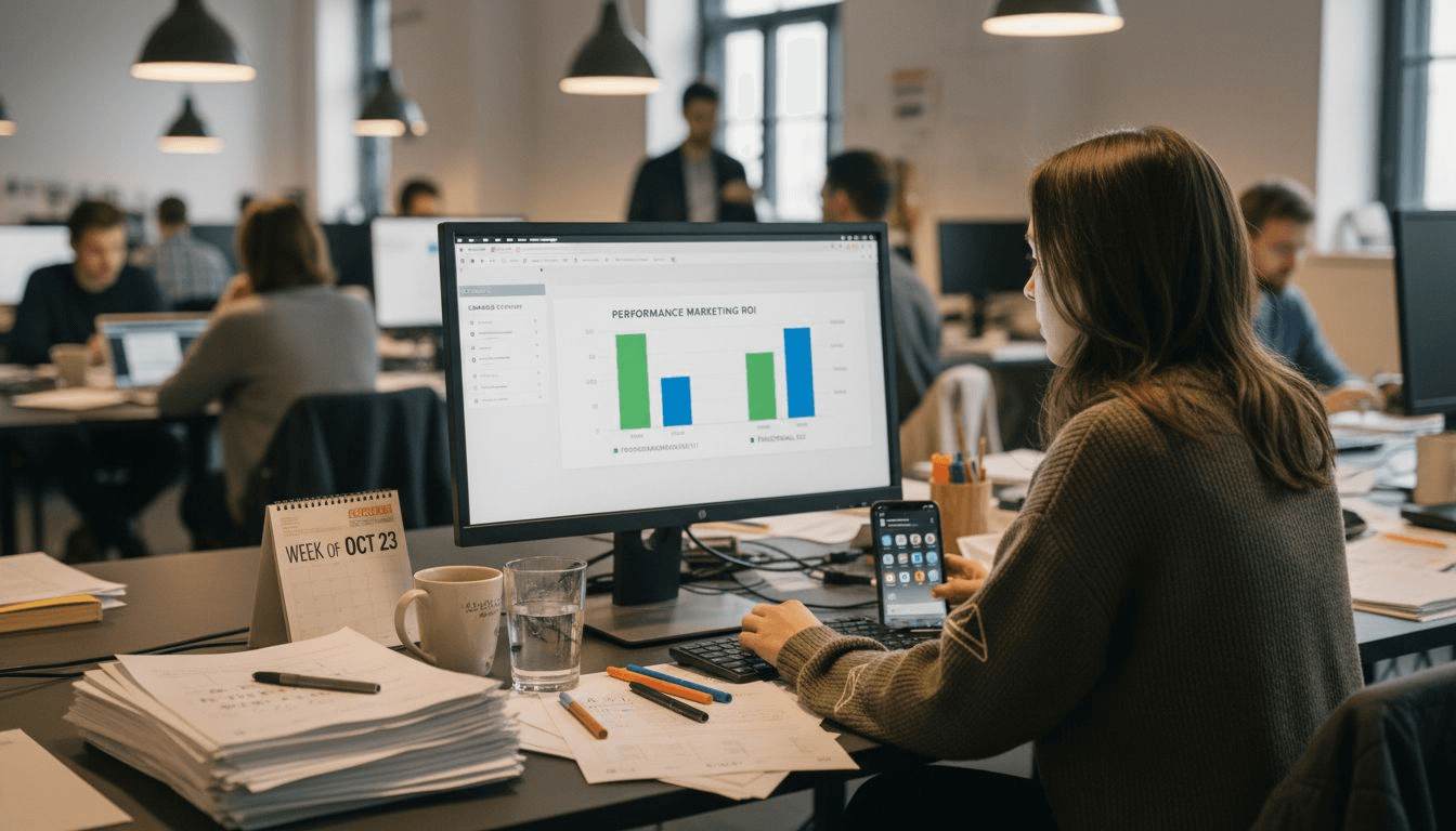 Analyst comparing marketing ROI reports at desk