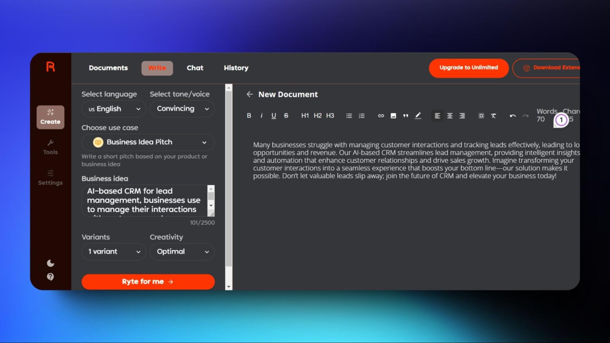 Screenshot of Rytr’s business idea pitch generator, highlighting language, tone, and creativity options for creating effective pitches.