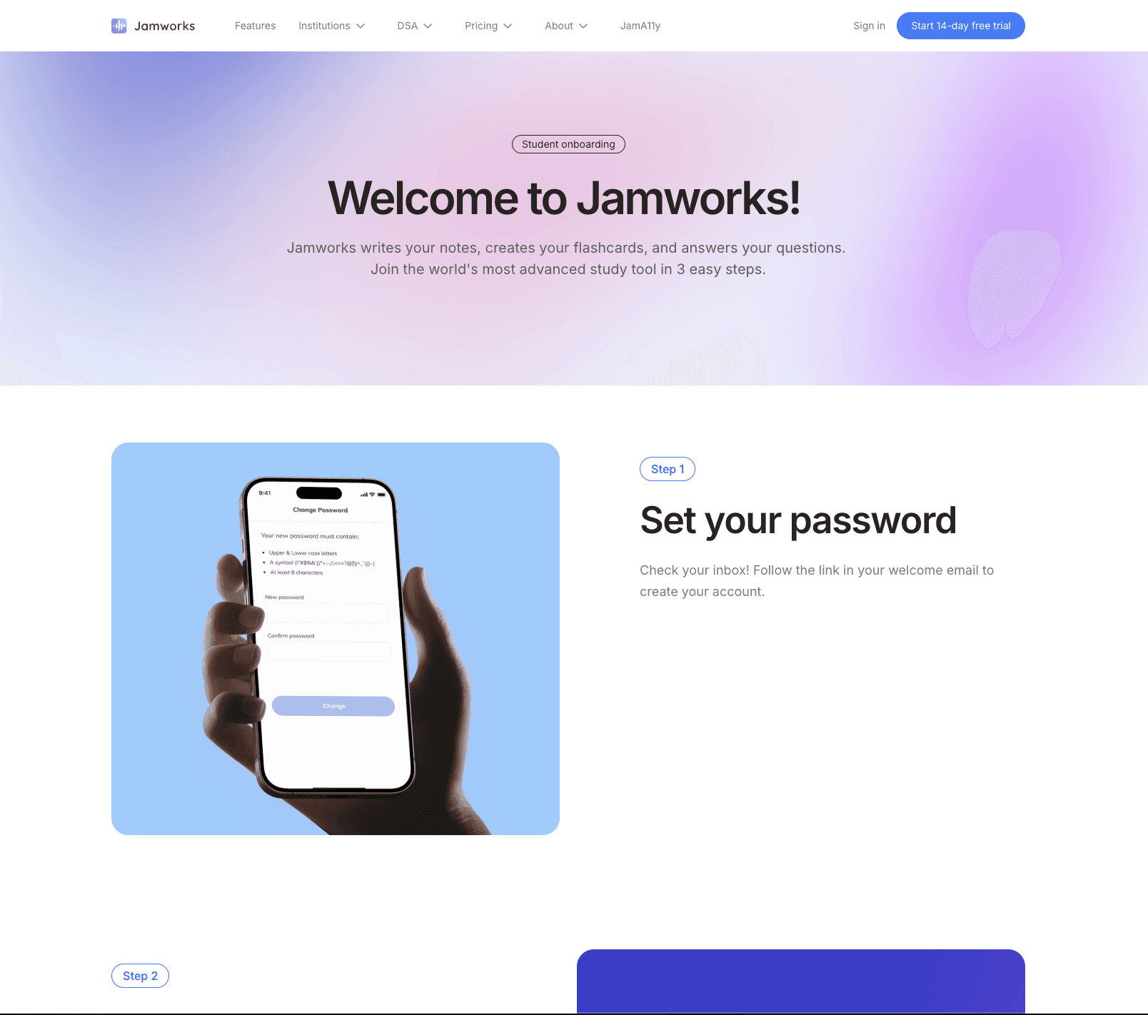 Screenshot of the hero section of the student onboarding page