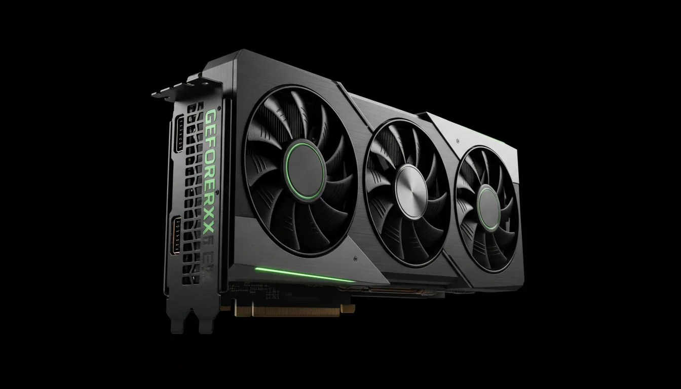 DSLR studio product photography of a modern NVIDIA GeForce RTX 4090 GPU, low-angle three-quarters view against a solid black background. Cinematic contrast and soft studio lighting highlights the matte black and gunmetal gray textures of the industrial design, showing the brushed metal shroud and vertical cooling fins. The entire subject is in sharp, crisp focus.