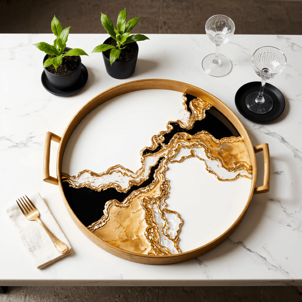 product photography of a round tray with resin art