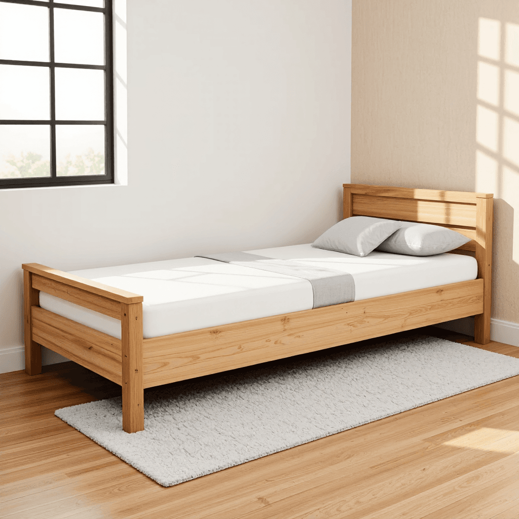 product photography of a single bed with a pull-out trundle
