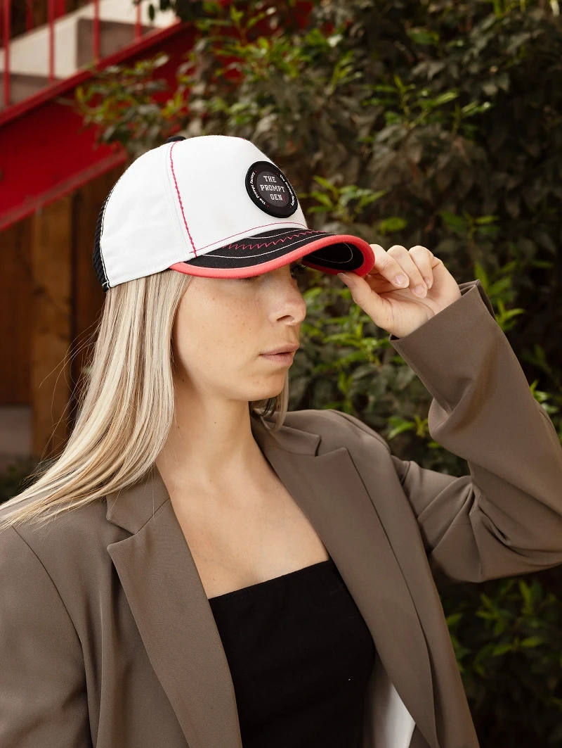 Femme portant une casquette blanche et rouge The Prompt Factory en extérieur