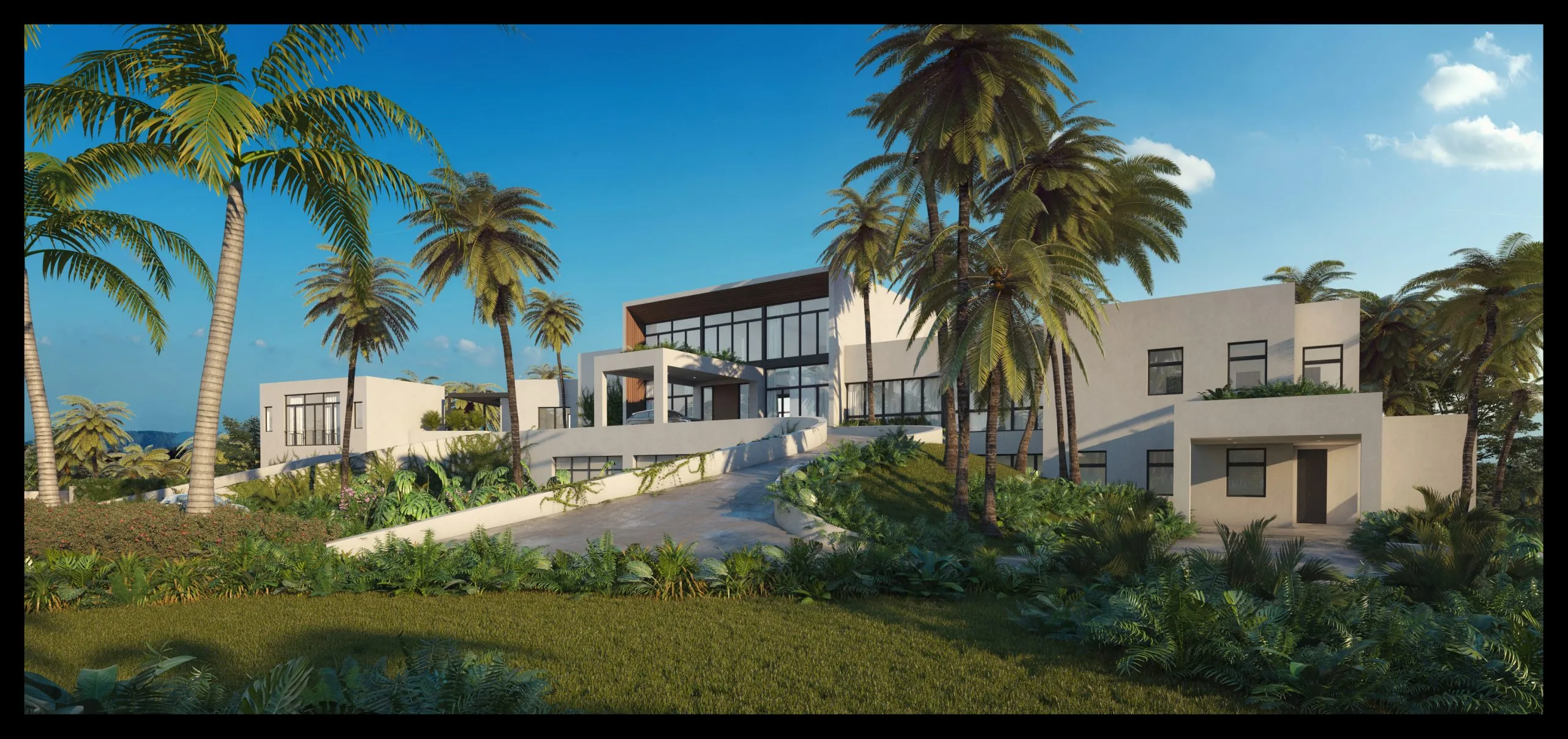Hillside estate exterior with multiple pavilions and tropical gardens, St. Lucia