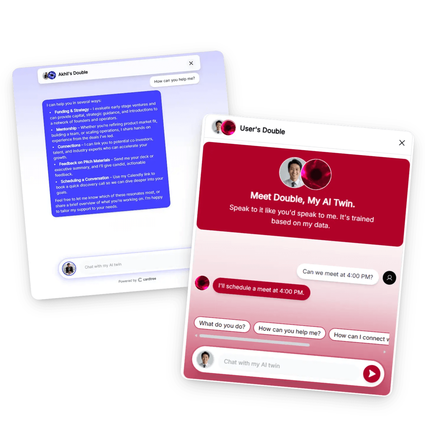 AI twin converting leads with two chat interfaces showing "Book a Call" buttons for pipeline growth