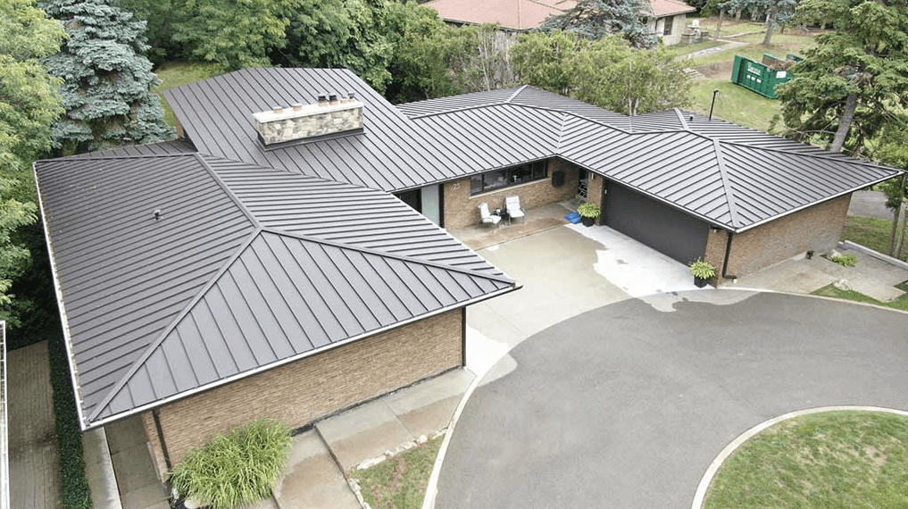 Dark grey standing seam roofing angled view - clean vertical lines