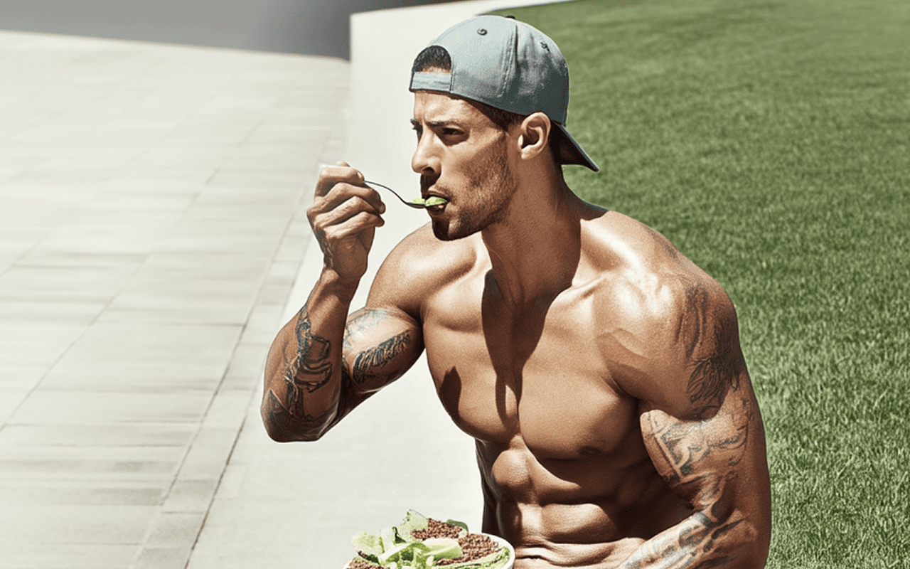 Muscular man running outdoors shirtless in an urban environment, showcasing strength, focus, and determination.