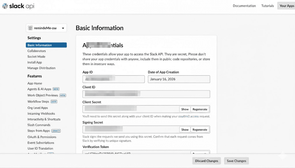 Slack app settings showing Events and Interactivity URLs