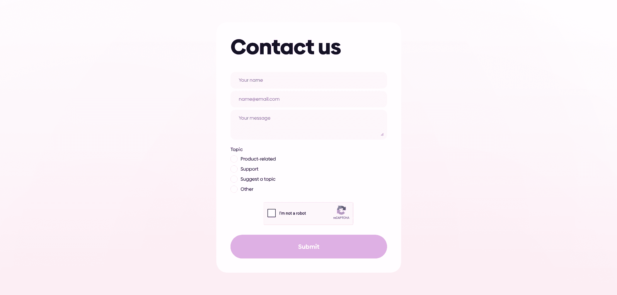 Contact form titled “Contact us” with fields for name, email, and message, topic selection options, a reCAPTCHA checkbox, and a “Submit” button.