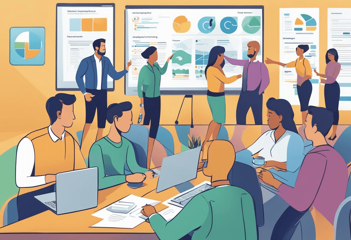 Employees engaged in training, networking, and team-building activities. Company branding and EVP messaging prominently displayed