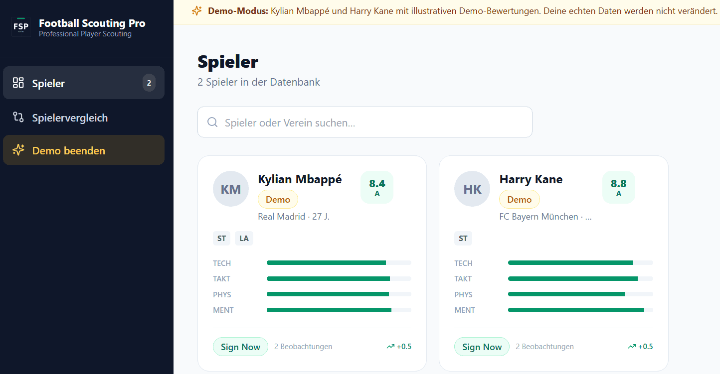 Football Scouting Pro application dashboard