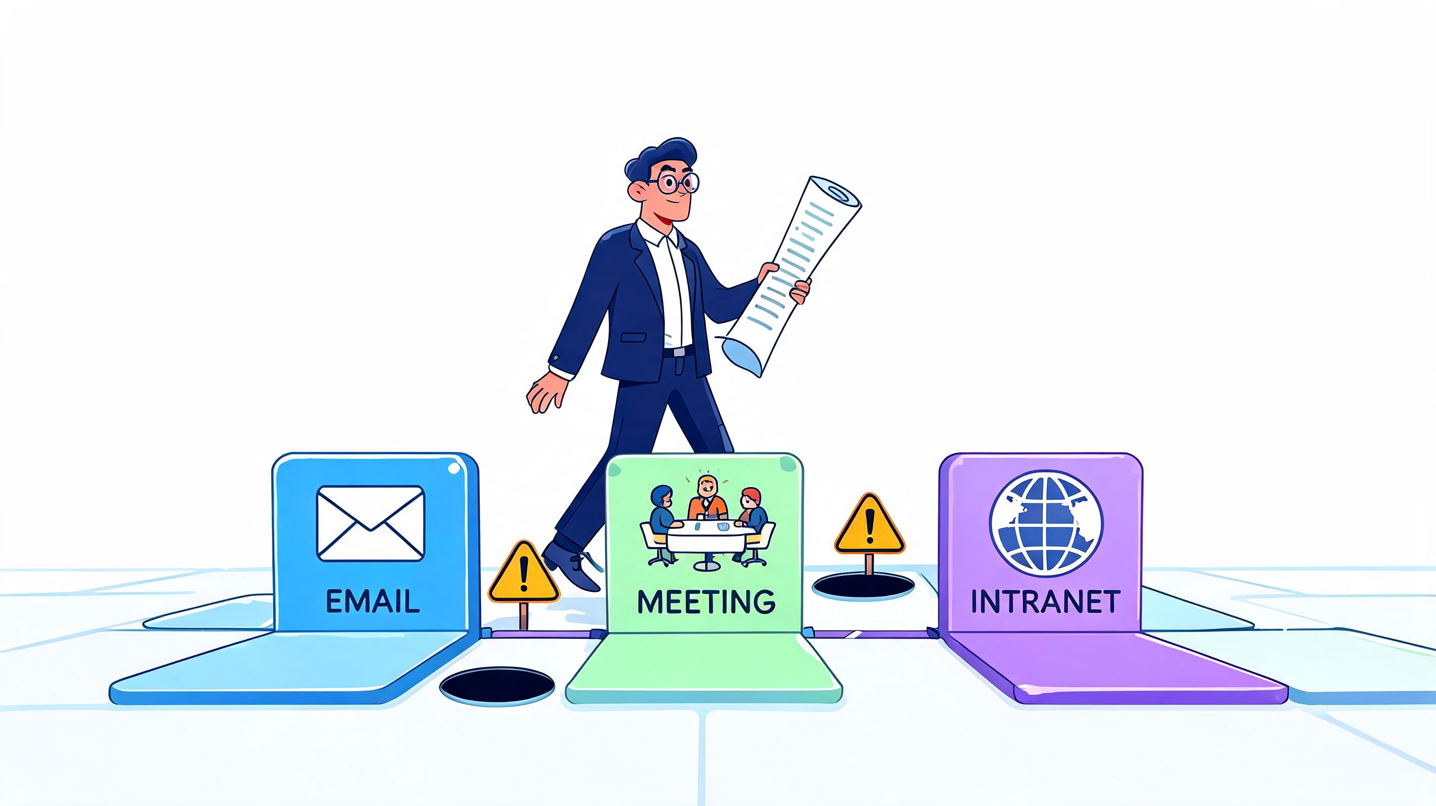 A professional man walking across platforms representing communication channels like email, meetings, and intranet policy distribution.