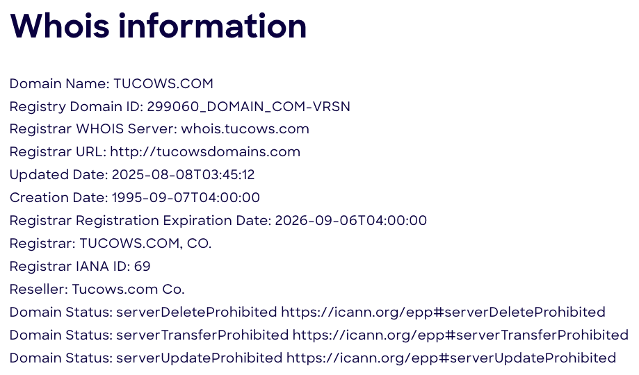 Example of a Whois lookup.